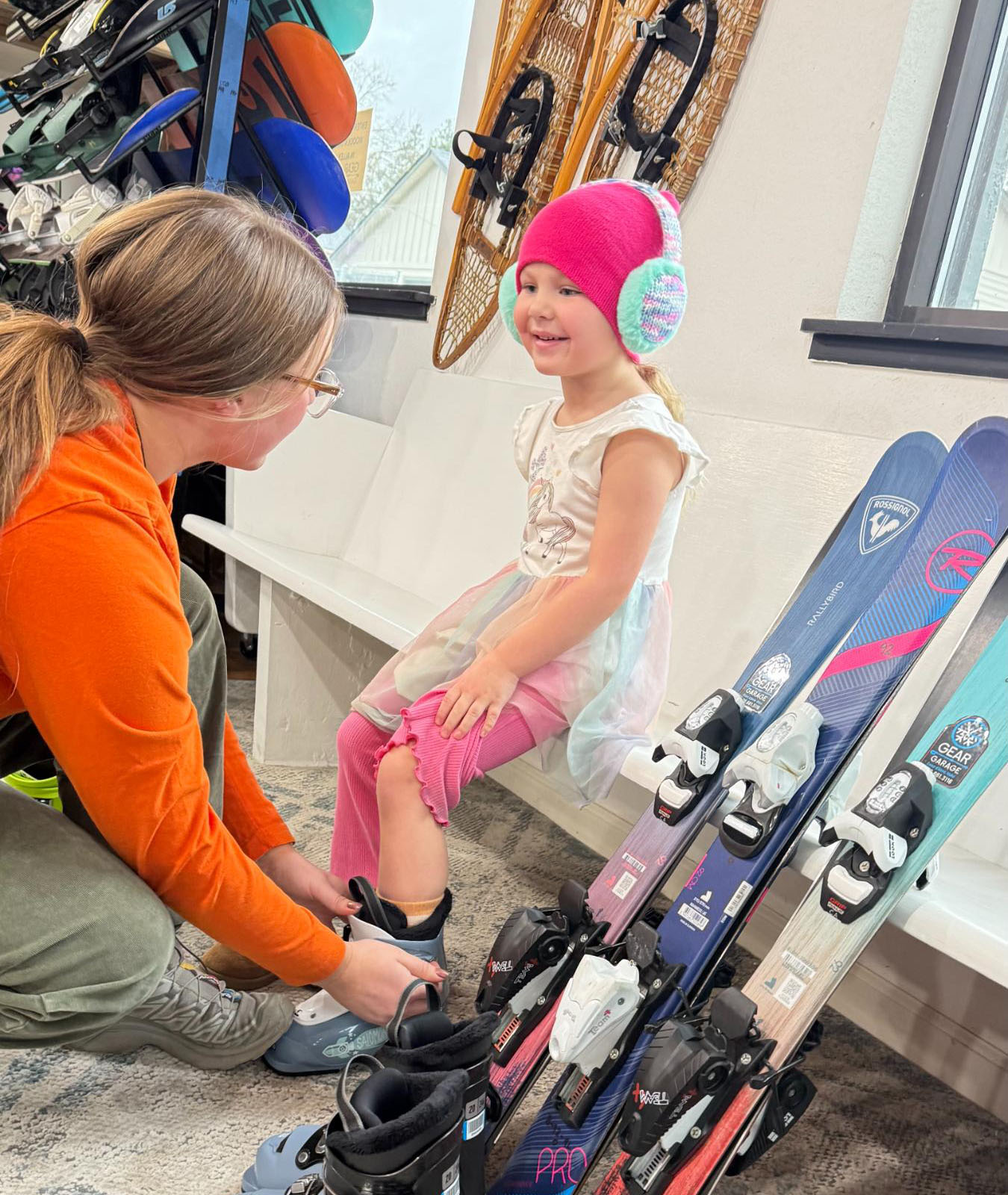 Getting fitted for ski rentals at Gear Garage CDA in Coeur d'Alene